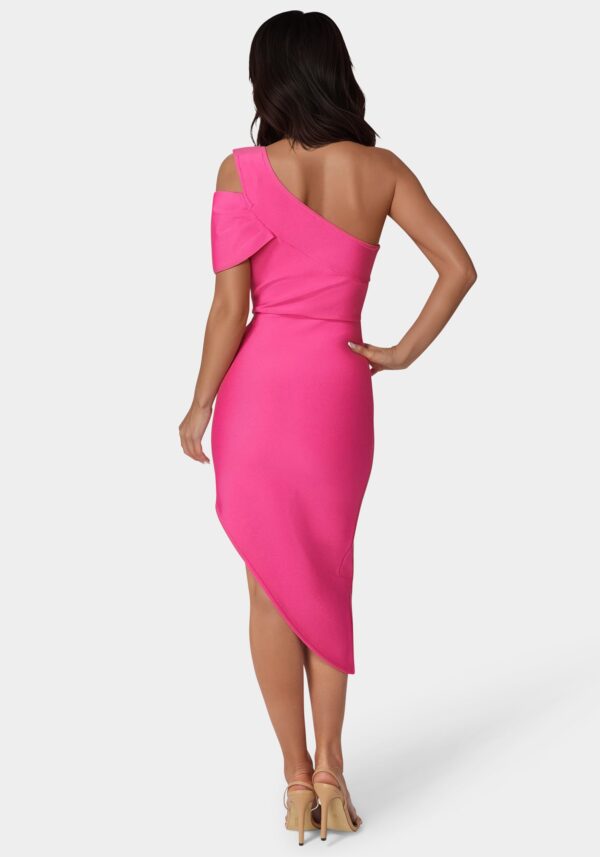 bebe1357_fuschia_3_be11d254-c8d7-4764-9e43-a59400dcfe30 Asymmetrical High Slit Bandage Midi Dress