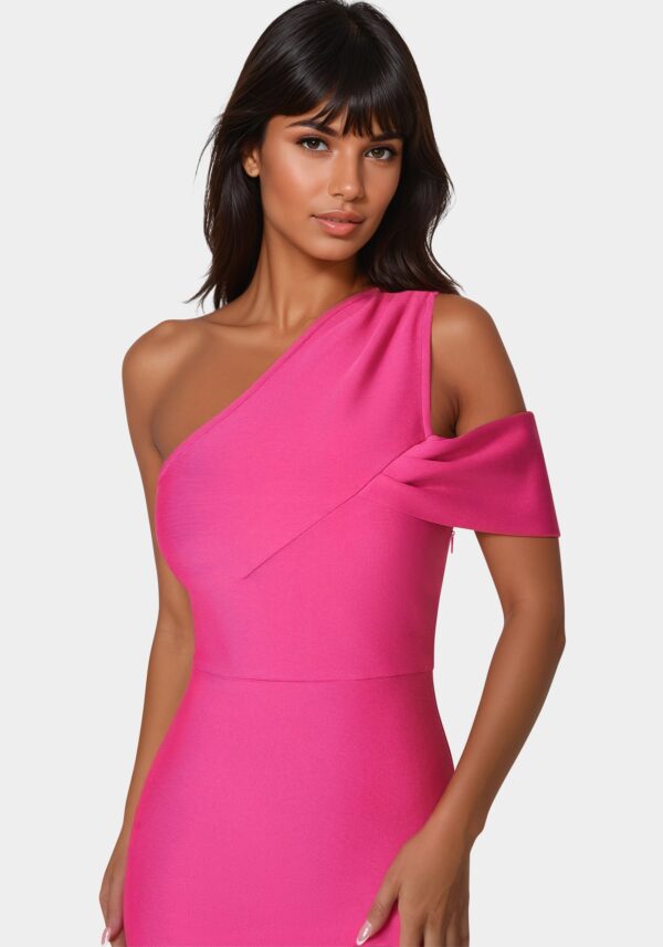 bebe1357_fuschia_4_5b887514-7c7b-448f-b9ea-e42426b93691 Asymmetrical High Slit Bandage Midi Dress