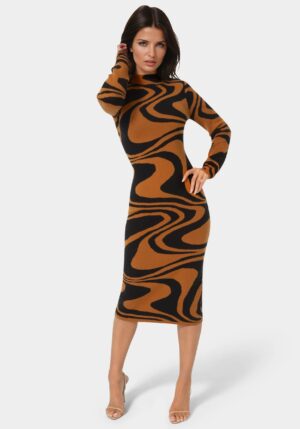 bebe1602_brown-black_1_e34c4606-e7d2-47d5-bd89-edc673076d71 Jacquard Funnel Midi Sweater Dress