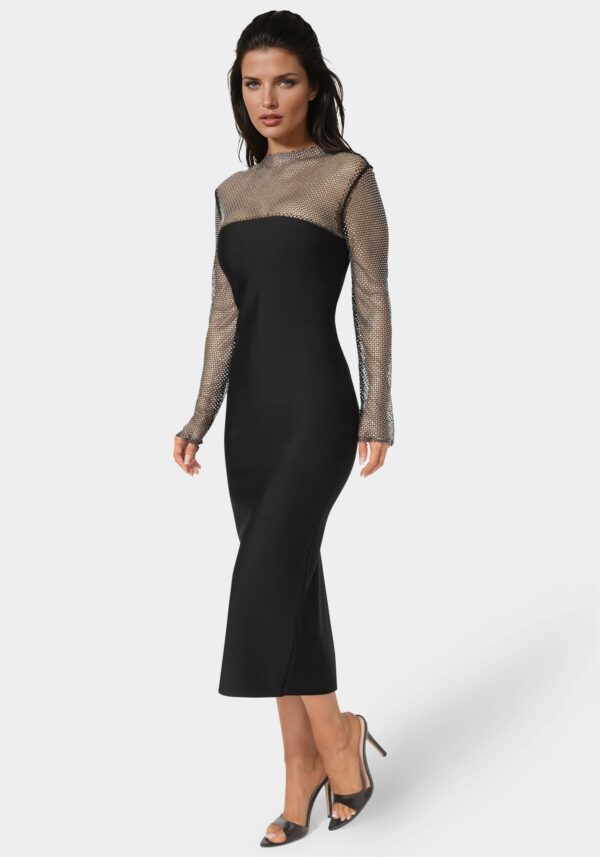 bebe2101_black_2_791cf37c-2e2f-4616-bd0b-4b310936c0be Long Sleeve Bandage Midi Dress with Crystal Mesh Combo