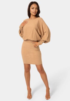 bebe2164_camel_1_f7a65a17-da2b-4467-a005-21cafb7ea5de Scoop Neck Blouson Sweater Midi Dress